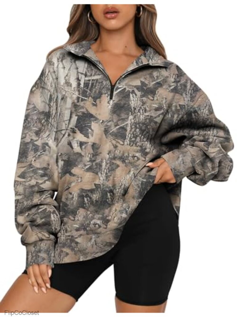 Women Camo Half Zip Fleece Sweatshirt Oversized Maple Leaf Print Mock Neck